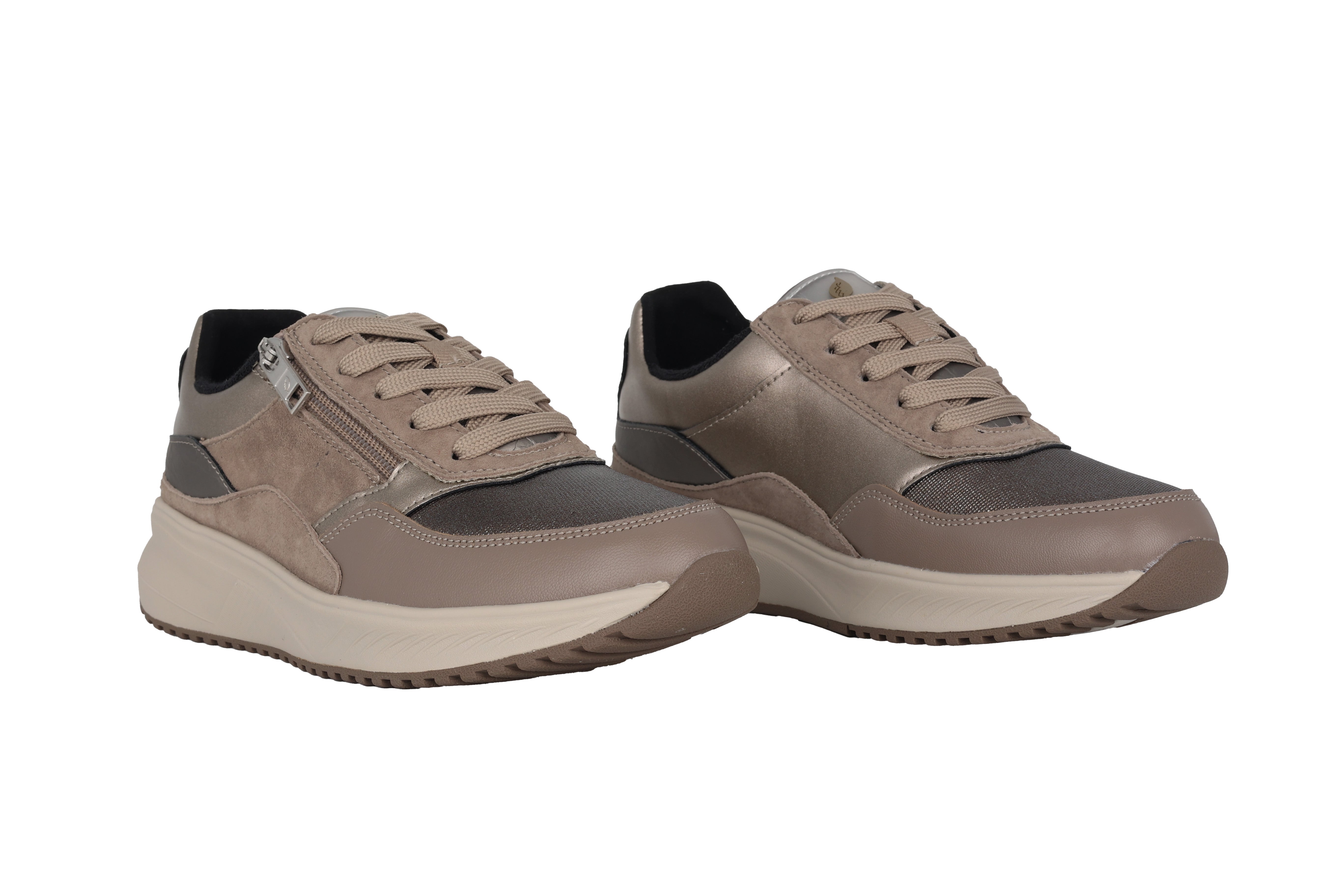 'H-Mara' damessneaker met brede pasvorm (H) en veters met rits - taupe